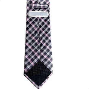 Michael Kors Plaid Pattern Designer Silk Tie Black Grey Pink Necktie